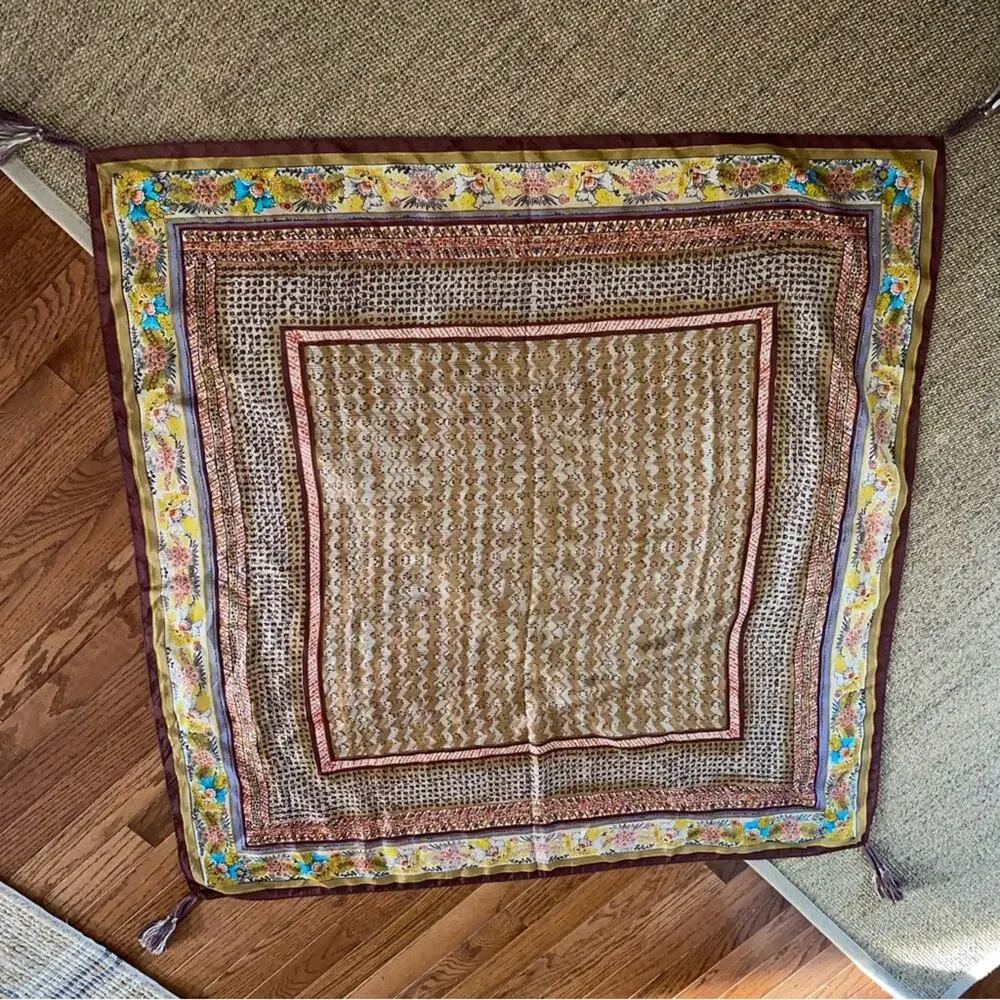 Johnny Was $110 Silk Boho Brown Gold Turquoise Block Print Tassel Scarf EUC